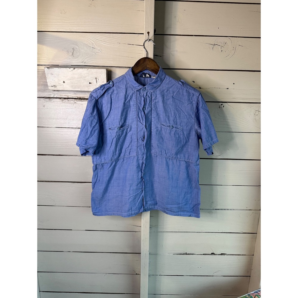Vintage Interim Blue Short Sleeve Button Up Safari Shirt Epaulettes Medium